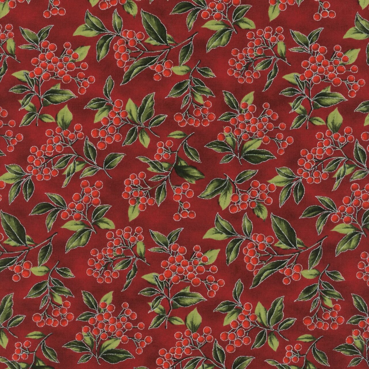 Fabric Hoffman Crimson Silver Winterberries Blooming Holidays by the Quarter Yard X7791-10S